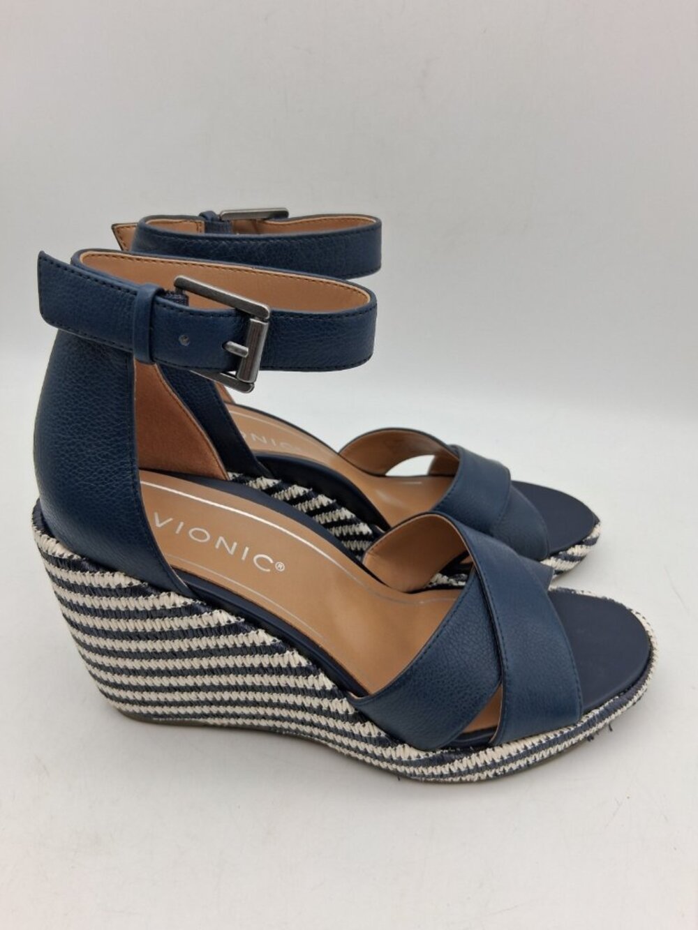 NIB Vionic Marina Wedge Sandal Navy Size 6.5 M Leather Criss Cross Ankle Strap